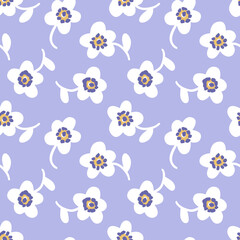 Seamless vector flower pattern with spring vibe. White flowers on the Very Peri background. Vector background, stylish pattern for textile, fabric, wrapping, etc.