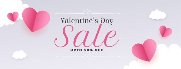valentines day sale lovely web banner with paper hearts and clouds