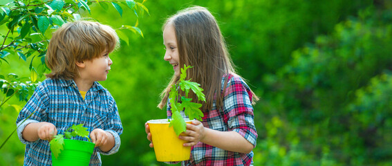Banner with spring child face. Cute little children enjoying on farm. Ecology concept child....