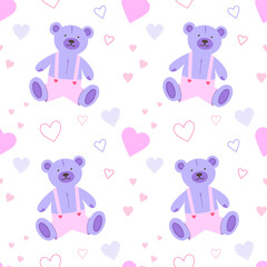 Seamless pattern in pink-purple color: hearts and teddy bear on a white background.