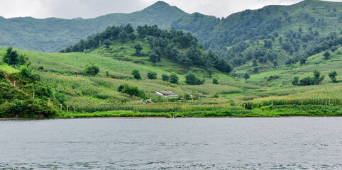 Scenery along the North Korean coast opposite the Yalu River in Dandong, China