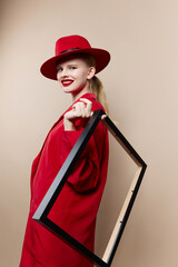 fashionable woman red lips fashion jacket frame studio model unaltered