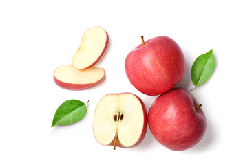 Flat lay of Fresh red Apple fruit with cut in half and slice isolated on white background.