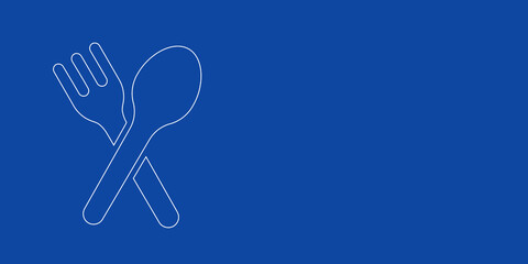 A large white outline dinner time symbol on the left. Designed as thin white lines. Vector illustration on blue background