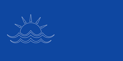 A large white outline sunrise at sea symbol on the left. Designed as thin white lines. Vector illustration on blue background