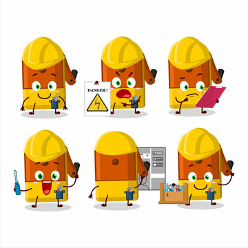 Professional Lineman orange pencil sharpener table cartoon character with tools