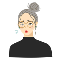 A woman with bun hair and glasses has a troubled expression.