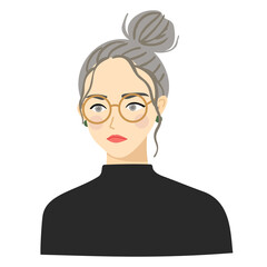 Female with bun hair and glasses. angry face vector illustration.