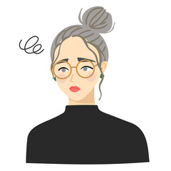 Female with bun hair and glasses Troublesome facial expression 2.