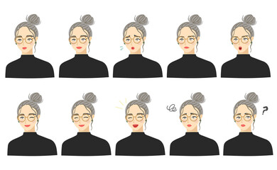 Female with bun hair and glasses. Vector illustration set with various facial expressions.