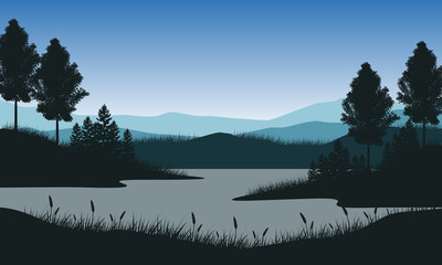 Realistic mountain landscape at night with dry pine tree silhouettes around