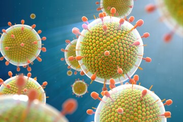 Paramyxovirus mumps , COVID pandemic, Close-up of virus under microscope. Realistic high quality medical 3d animation.