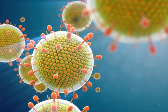 Paramyxovirus mumps , COVID pandemic, Close-up of virus under microscope. Realistic high quality medical 3d animation.