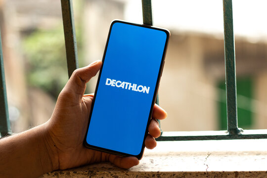 West Bangal, India - January 7, 2022 : Decathlon logo on phone screen stock image.