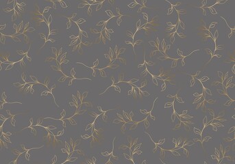 Leaves Seamless Pattern Line Art Style. Floral Pattern with Golden Leaves for Wedding, Anniversary, Birthday and Party. Floral Modern Abstract Print Design. Vector EPS 10