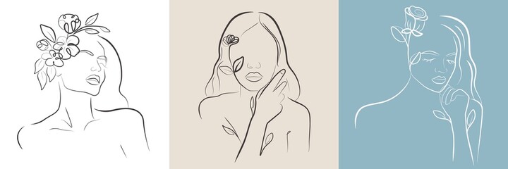 Set of Woman Face with Flowers Line Art Style. Female Floral Head Poster. Modern Wall Art, Aesthetic Design. Perfect for Home Decor, Wall Art Posters, or t-shirt Print, Mobile Case. Vector EPS 10