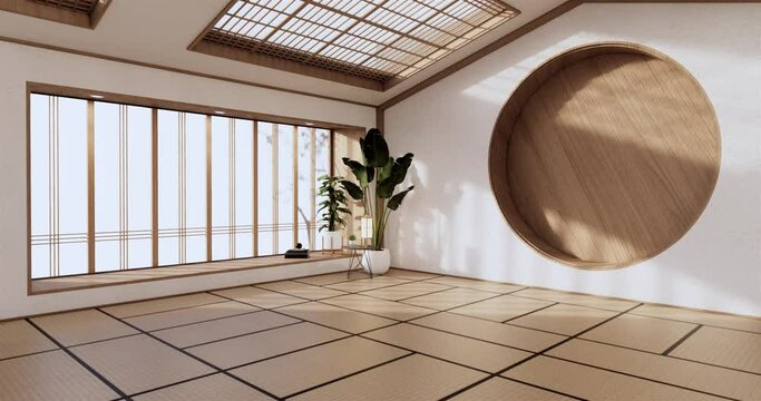 Circle shelf wall design, empty room japanese deisgn with tatami mat floor. 3D rendering