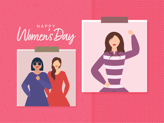 Happy Women's Day Concept With Memories Pictures Of Female On Pink Background.