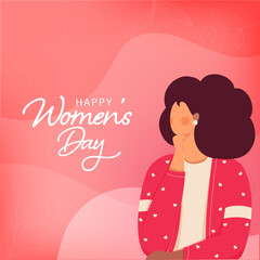 Happy Women's Day Font With Faceless Young Girl Character On Gradient Red Background.