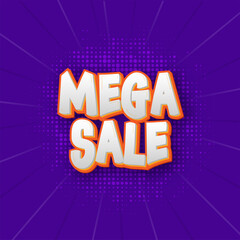 Sticker Style Mega Sale Font On Purple Halftone Rays Background.