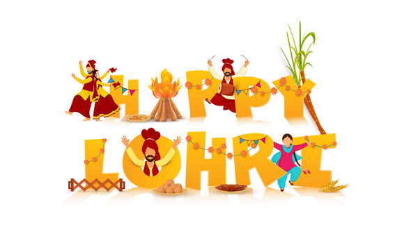 Yellow Happy Lohri Font With Bonfire, Sugarcane, Music Instrument, Sweet Plates, Wheat Ear And Punjabi People Doing Bhangra On White Background.