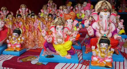 Indian Hindu God Lord Ganesha Statues, Coated with colors and sold for Ganesh Chathurthi