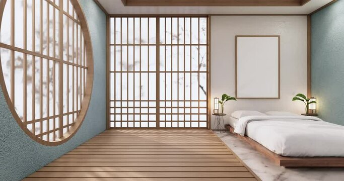 The bed room mint color, japanese Minimalist style.3D rendering