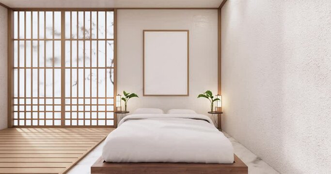 The bed room, japanese Minimalist style.3D rendering