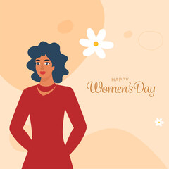Happy Women's Day Poster Design With Young Lady Character And Flowers On Pastel Orange Background.