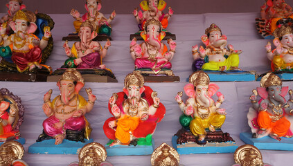 Indian Hindu God Lord Ganesha Statues, Coated with colors and sold for Ganesh Chathurthi