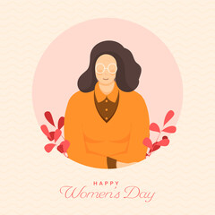 Obraz premium Happy Women's Day Concept With Young Lady Character With Leaves On Cosmic Latte Background.