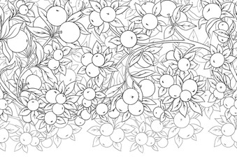 Apples on branches Seamless pattern, background. Outline Vector illustration.