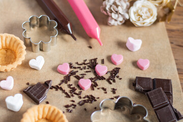 Valentine's handmade sweets ingredients and tools free space バレンタイン お菓子作りの材料と道具