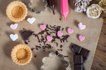 Valentine's handmade sweets ingredients and tools free space バレンタイン お菓子作りの材料と道具
