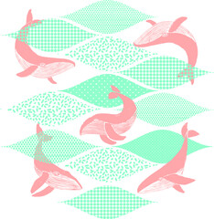 Whales and waves. Composition in the style of block printing. Coral and turquoise, texture and imitation stamps. Design for T-shirts, postcards, stickers and much more.