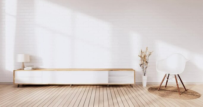 Tv cabinet in loft interior white brick wall room minimal designs, 3d rendering 