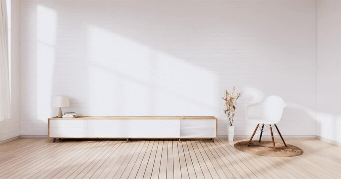 Tv cabinet in loft interior white brick wall room minimal designs, 3d rendering 
