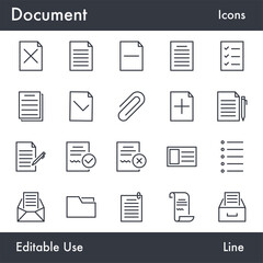 Document and Paper vector line icon set. Contains linear outline icons like File, Page, Legal Document, Folder, Receipt, Message, Form. Editable use and stroke for Infographic, Web, Print.