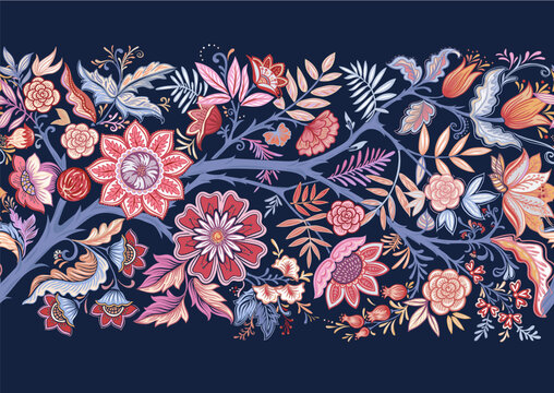Naklejki Seamless pattern with stylized ornamental flowers in retro, vintage style. Colored vector illustration on navy blue background.