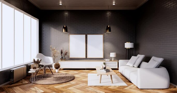 Tv cabinet in loft interior white brick wall room minimal designs, 3d rendering 