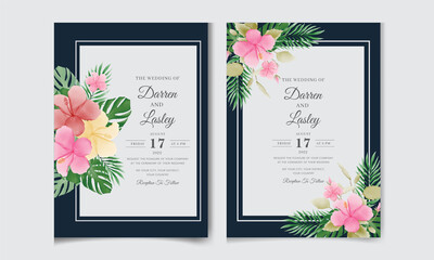 Elegant watercolor wedding invitation card with greenery leaves and flowers. Editable premium vector