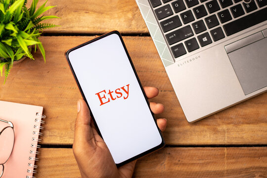 West Bangal, India - January 7, 2022 : Etsy logo on phone screen stock image.
