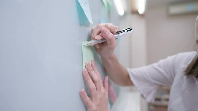 Closeup female project planner writing important topics and ideas onto small notes and stick on the white board, company presentation, teaching materials for easy understanding, project thought plans