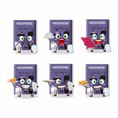 happy matemathic book waiter cartoon character holding a plate