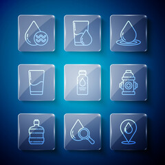 Set line Big bottle with clean water, Drop and magnifying glass, Water drop location, Bottle of, Glass, Recycle aqua and Fire hydrant icon. Vector