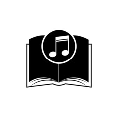 Audio book logo. Black opened book with music note icon isolated on white background