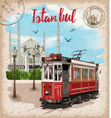 Vintage touristic postcard. Istanbul,Turkey.Retro poster with retro tram and Blue Mosque.
