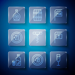 Set line Vodka with pepper and glass, Alcohol 18 plus, Glass of champagne, Street signboard Pub, Wine corkscrew, 21, Bottle cognac brandy and Bar icon. Vector