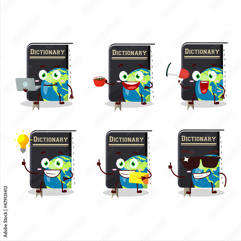 Wall mural dictionary book cartoon character with various types of business emoticons