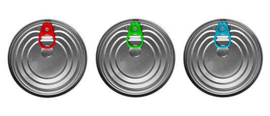 Three aluminium can isolated on white background with red, green and blue opener. Aluminium can...